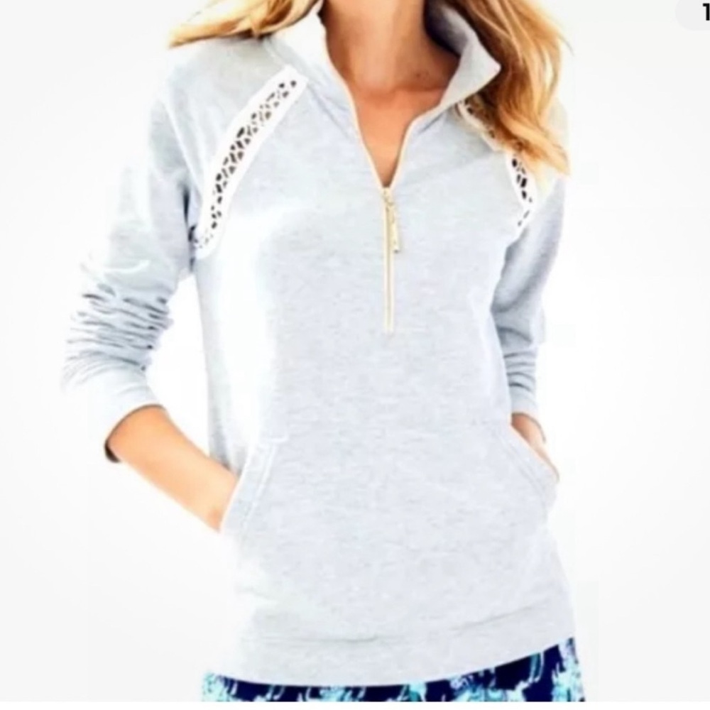 Lilly Pulitzer Gray Skipper Half Zip Pullover Sz S Lace Trim Bamboo Zipper